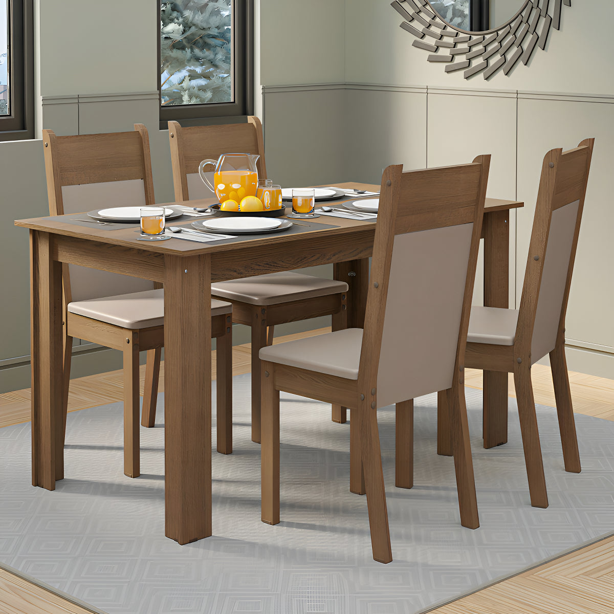 Sala De Jantar Mesa Tampo Madeira 4 Cadeiras Ellen Cor Creme Com Bege