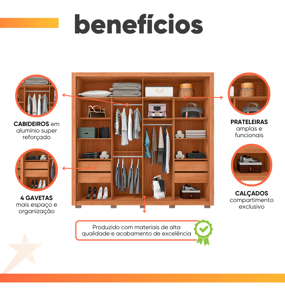 Guarda Roupas Casal C/ Ripado E Espelho 2 Portas 4 Gavetas Cor Freijó/off