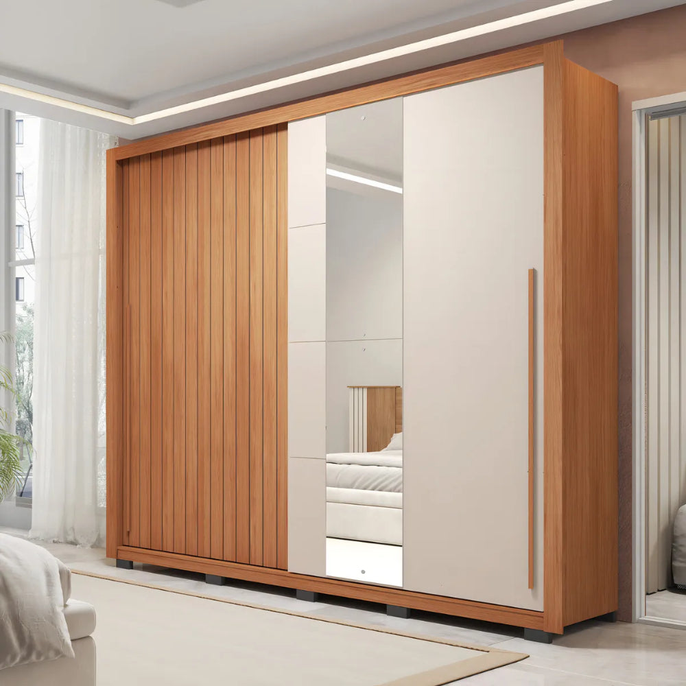 Guarda Roupas Casal C/ Ripado E Espelho 2 Portas 4 Gavetas Cor Freijó/off