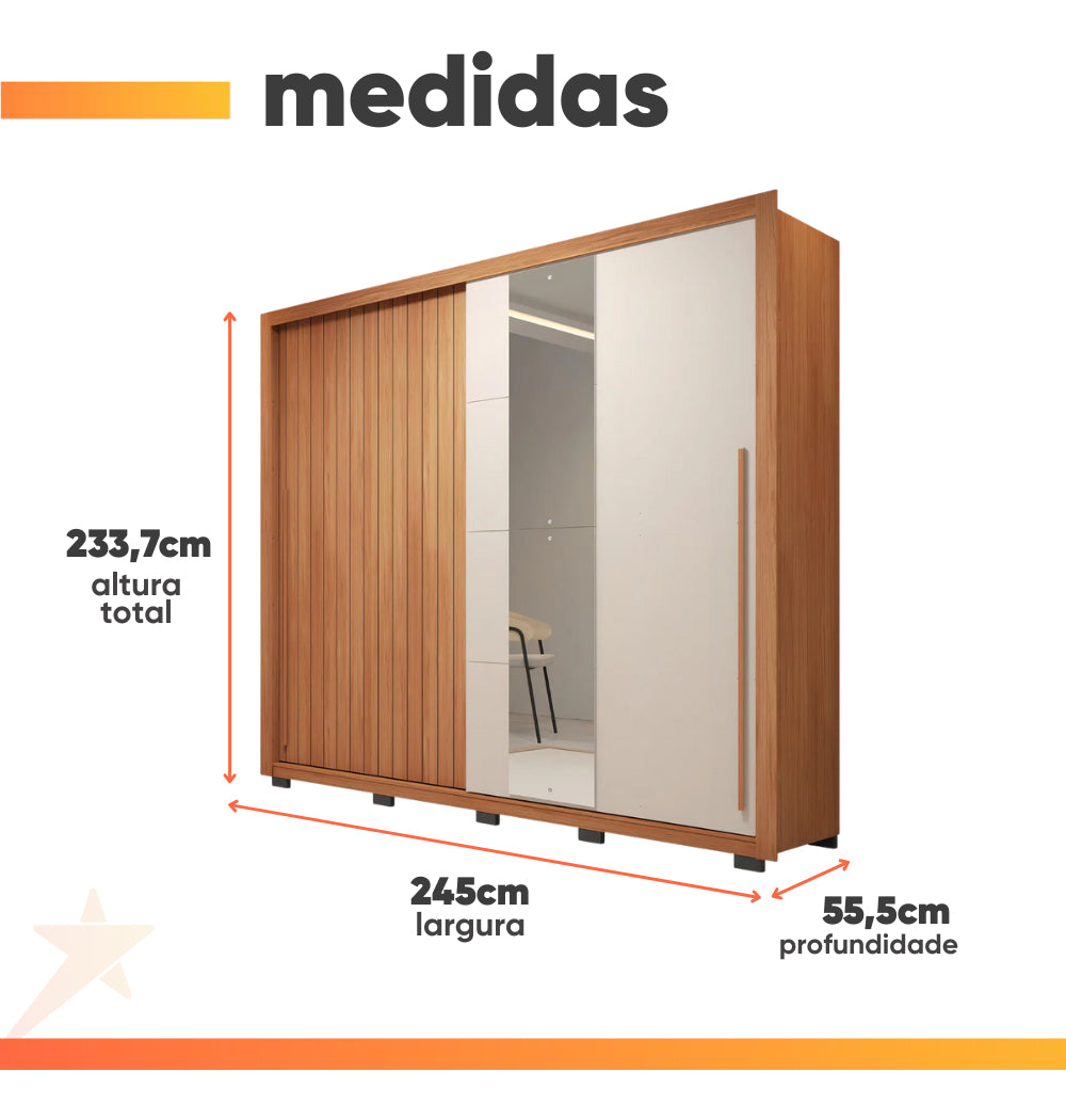 Guarda Roupas Casal C/ Ripado E Espelho 2 Portas 4 Gavetas Cor Freijó/off