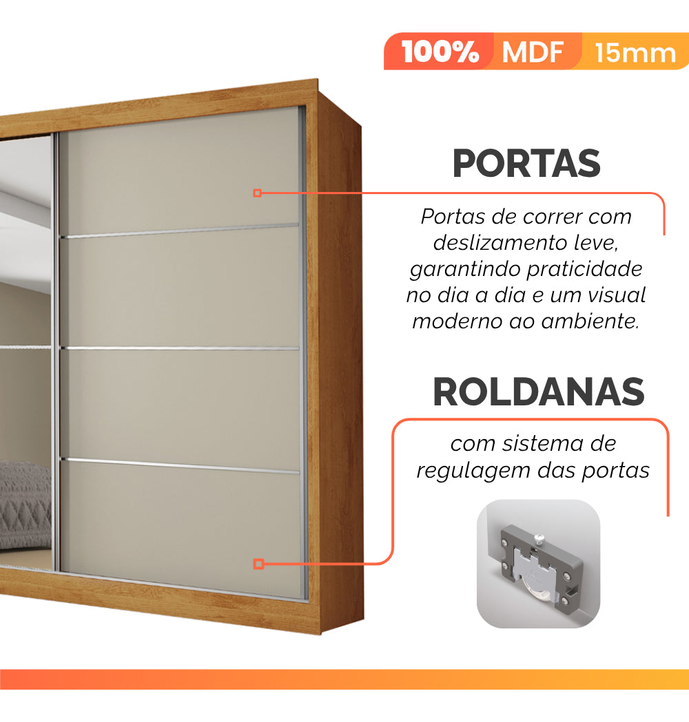 Guarda Roupas Casal 2 Portas Com Espelho 4 Gavetas Austria Madeirado Off White