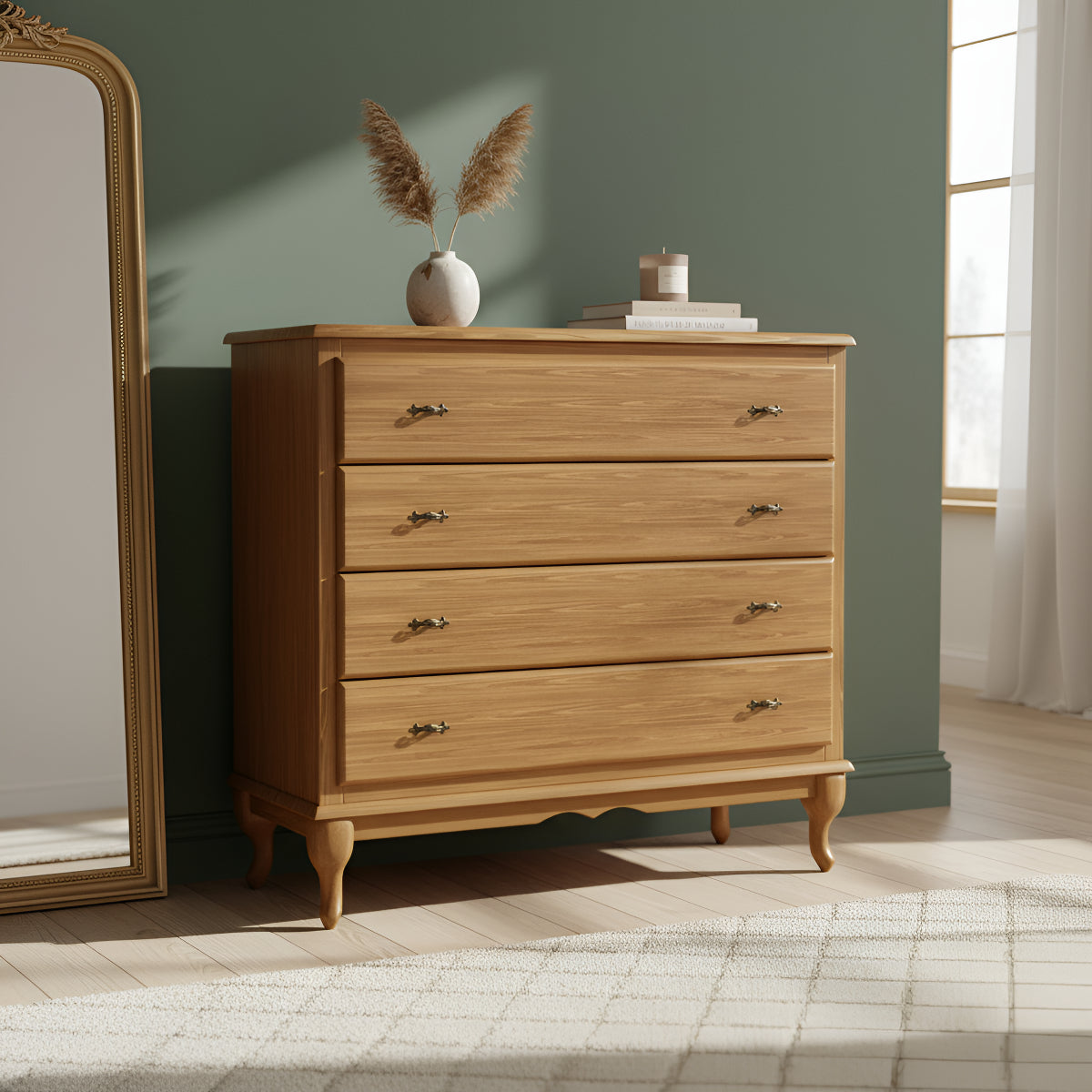 Cômoda 4 Gavetas Clássica Pés Luiz Xv Corrediça Telescópica Cor Imbuia