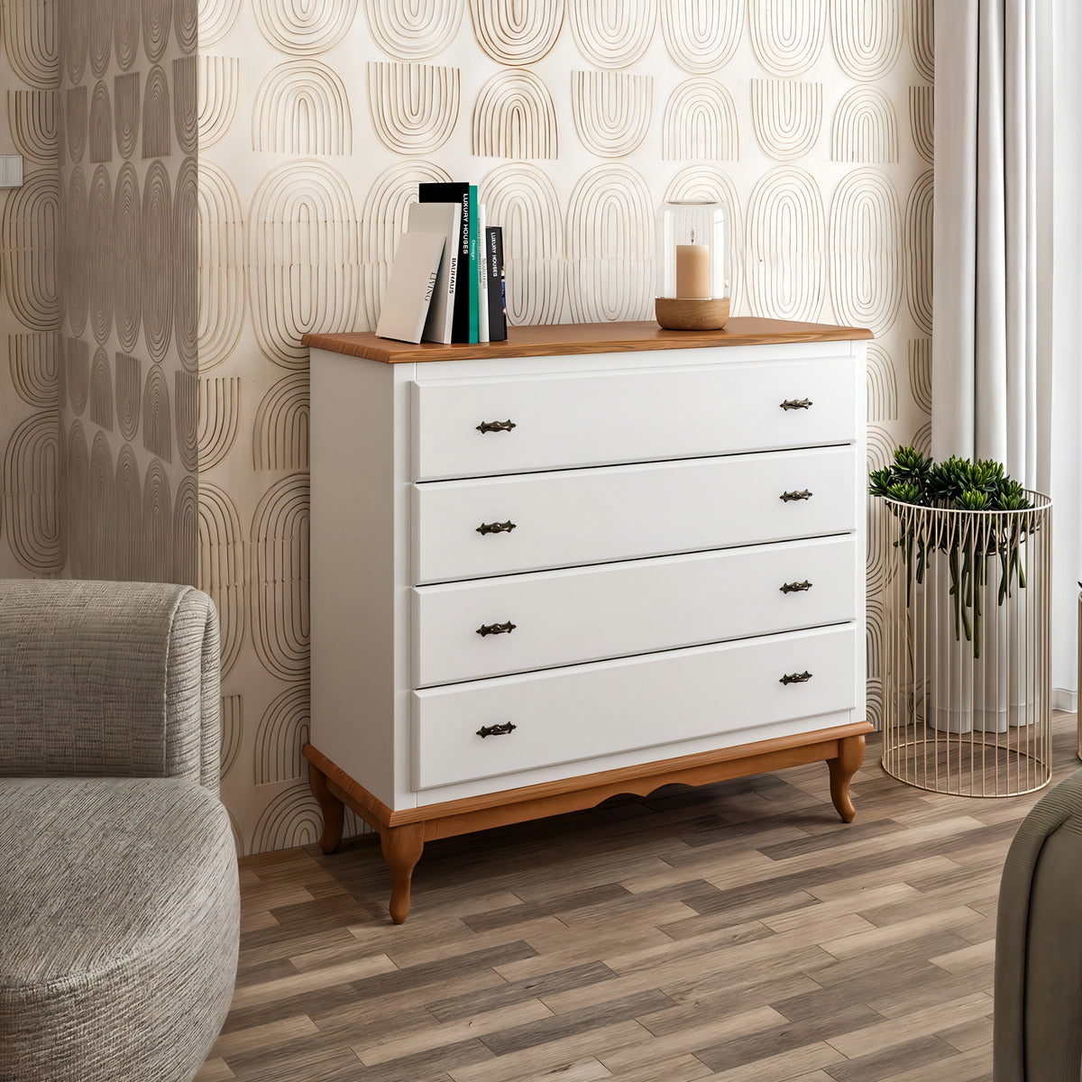 Cômoda 4 Gavetas Clássica Pés Luiz Xv Corrediça Telescópica Cor Branco-imbuia