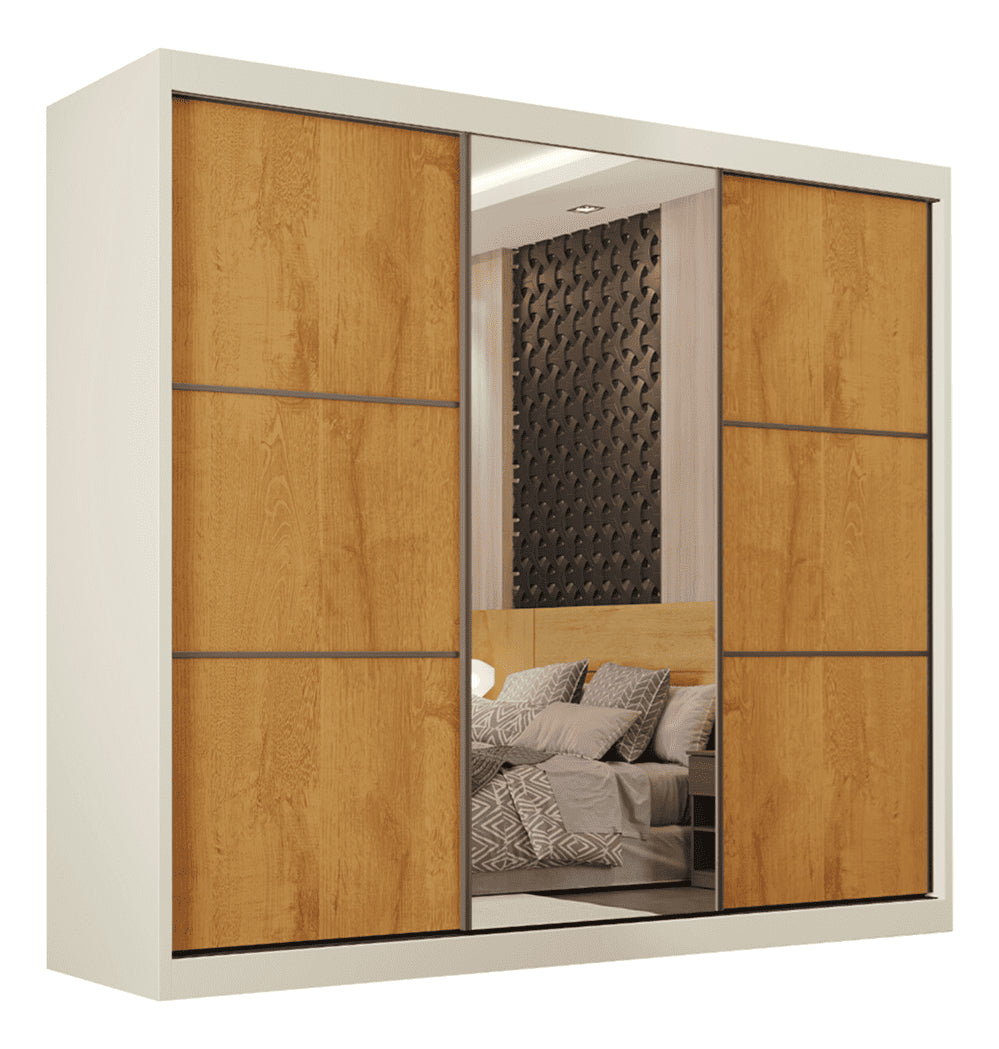 Guarda Roupas Casal 3 Portas Com Espelho 100% Mdf 6 Gavetas Off White/madeirado