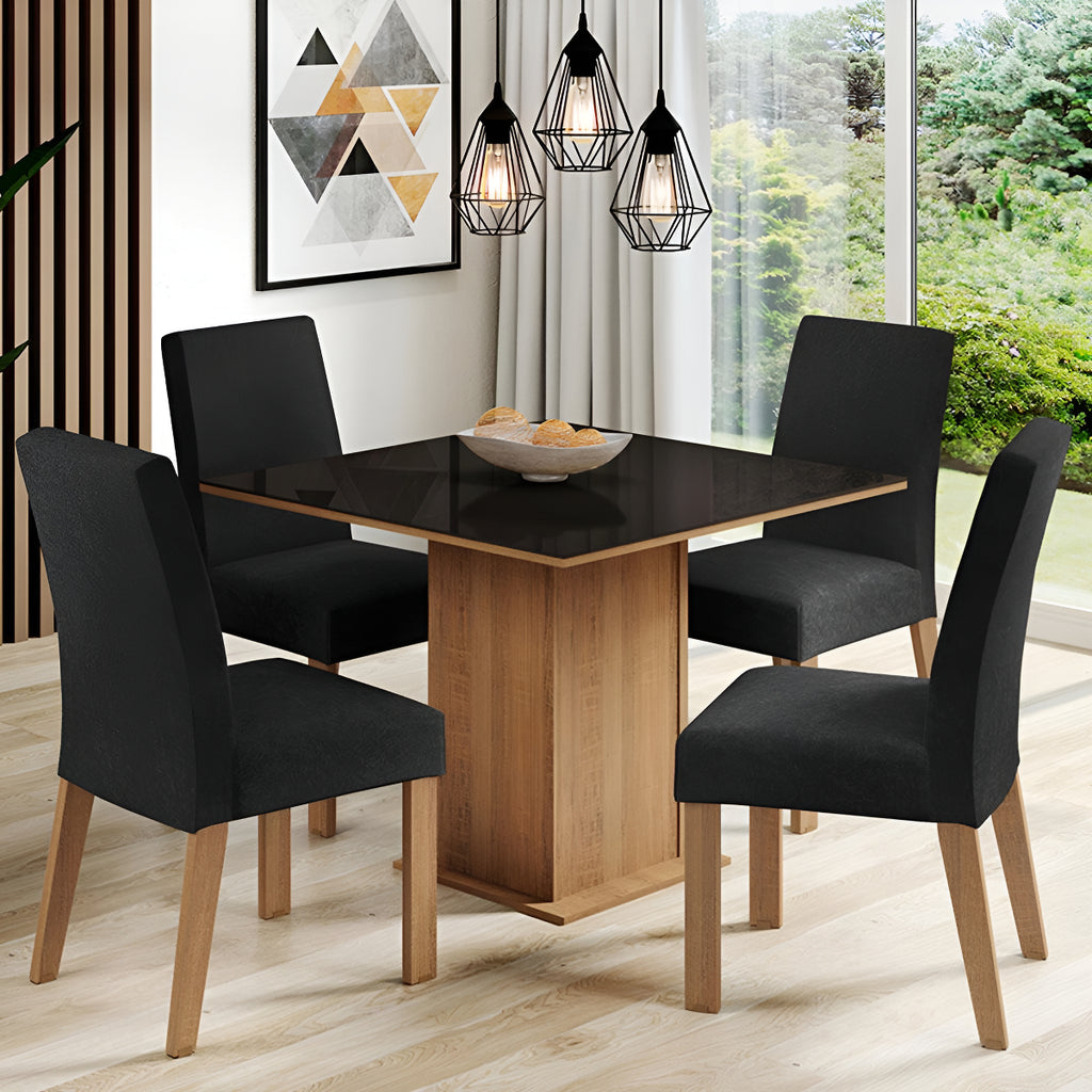 Sala Jantar Madesa Evelin Mesa Tampo Vidro Com 4 Cadeiras Cor Rustic/Preto/Oxford