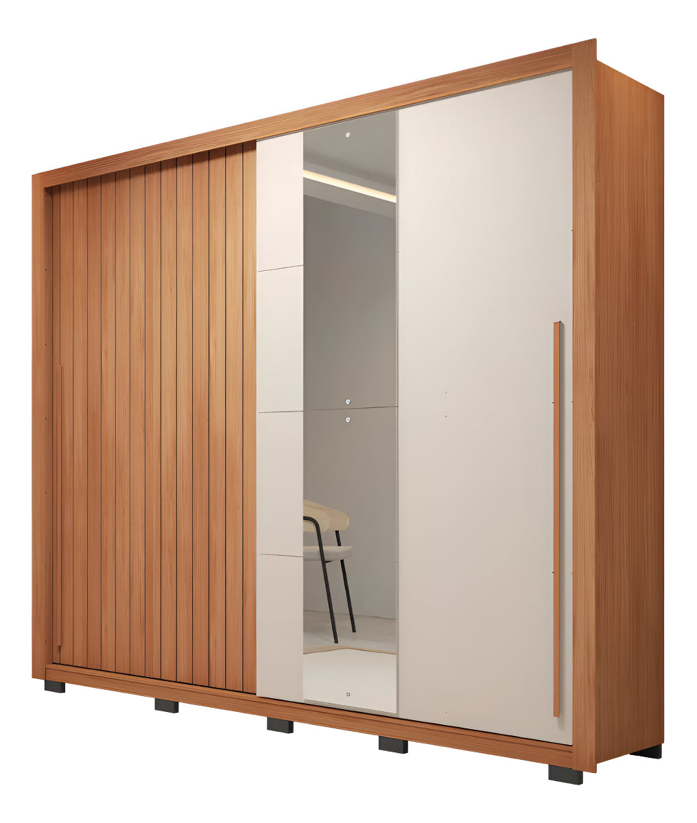 Guarda Roupas Casal C/ Ripado E Espelho 2 Portas 4 Gavetas Cor Freijó/off