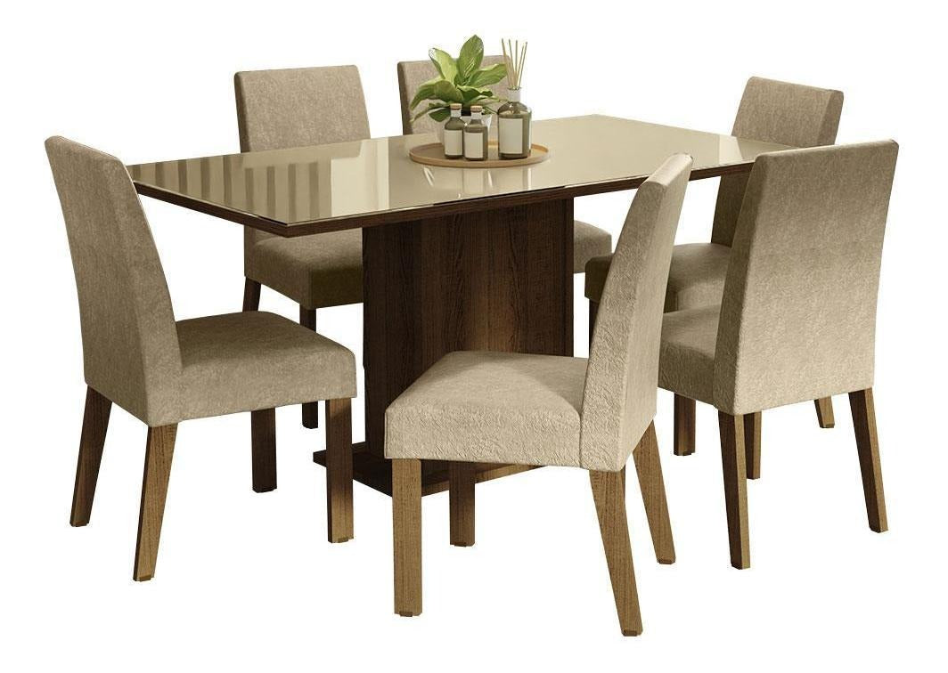 Sala Jantar Mesa Tampo Vidro 6 Cadeiras Alexis Cor Rustic/Crema/Imperial Desenho do tecido das cadeiras Liso
