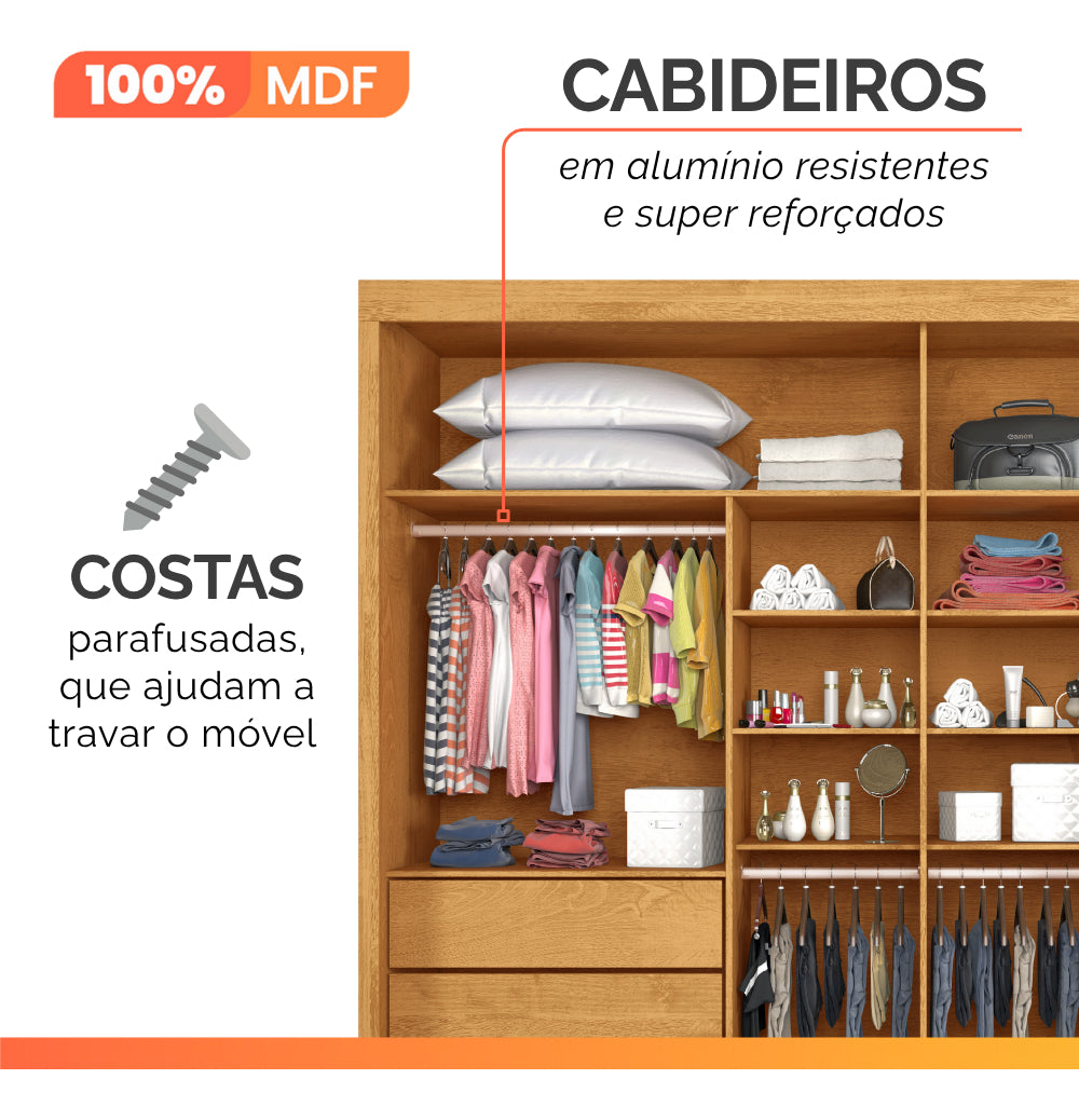 Guarda Roupas Casal 2 Portas Com Espelho 4 Gavetas Austria Madeirado Off White