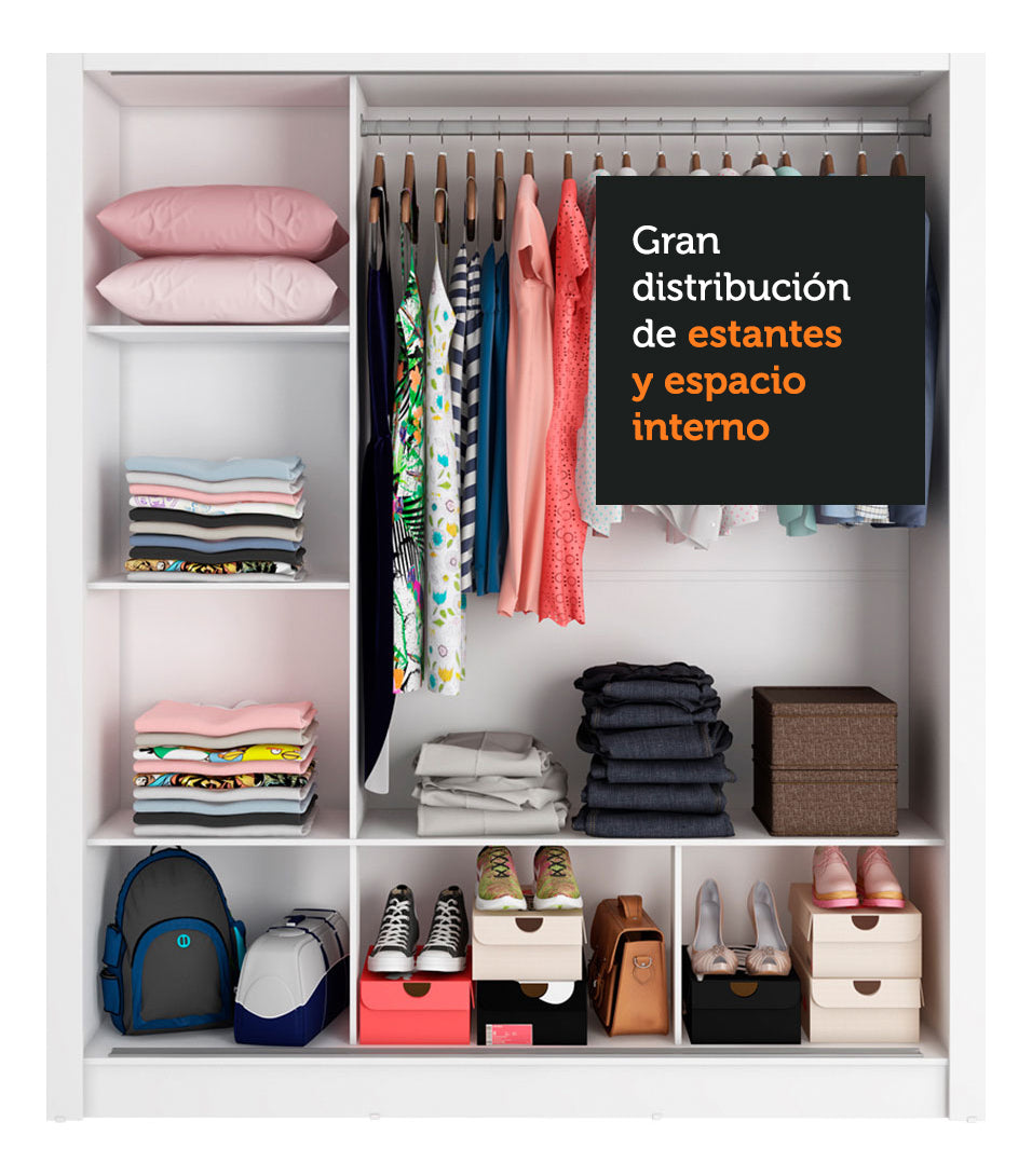 Guarda Roupa Casal Mônaco 3 Portas Correr Espelho Cor Branco