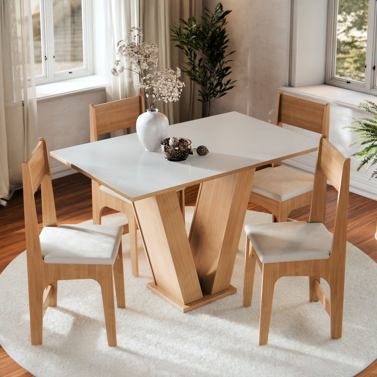 Conjunto Mesa de Jantar 4 Cadeiras Vivi Mesa Retangular 110x75 4 Lugares Mel Off White MDF/MDP