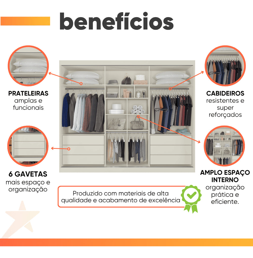 Guarda Roupas Casal 3 Portas Com Espelho 100% Mdf 6 Gavetas Off White/madeirado