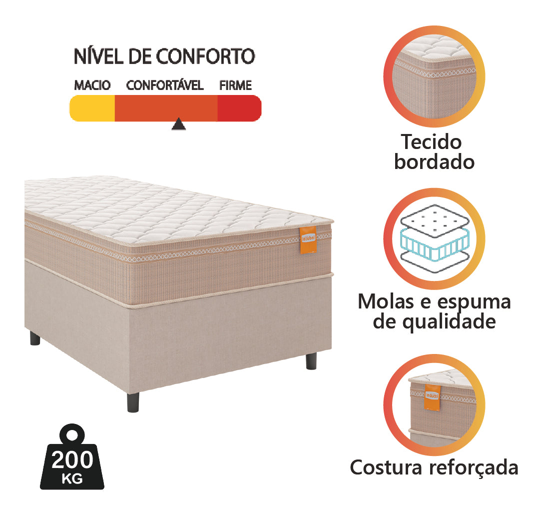 Cama Box Solteiro Inducol Qatar Molas MaxForce Pro 88x188cm Bege/Branco