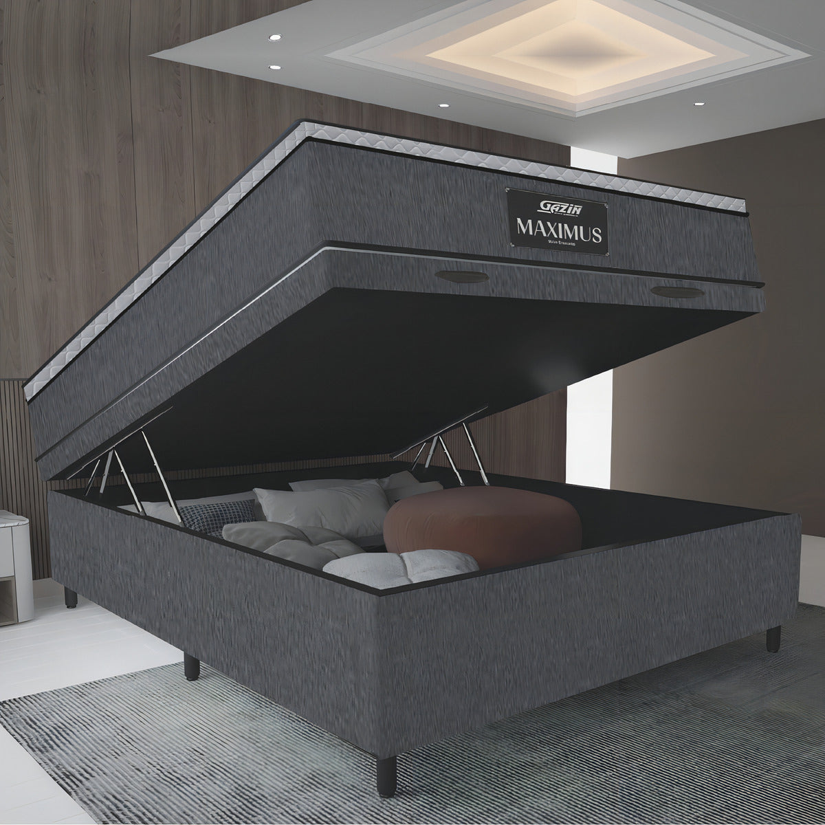 Cama Box Baú Casal Gazin Maximus Molas Ensacadas Linho Cor Cinza/bran