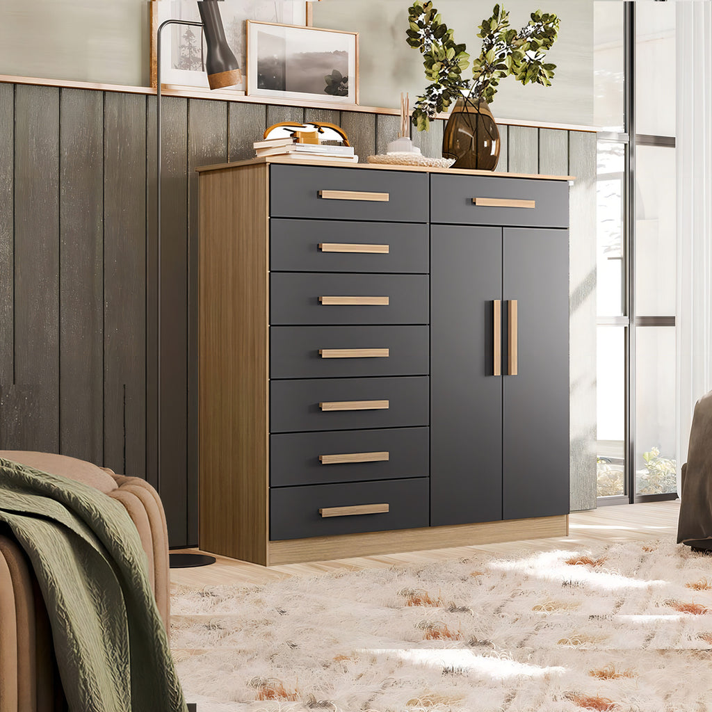 Cômoda New Verona Com 8 Gavetas E 2 Portas - Natural/titaniu Cor Natural