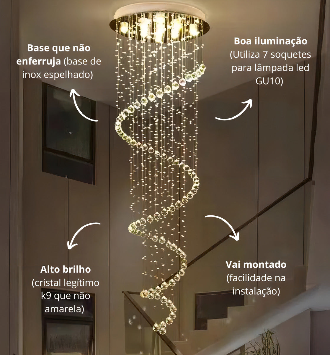 Lustre De Cristal Legítimo Espiral - Base 50 Cm Até 2 Mereos Cor Prateado