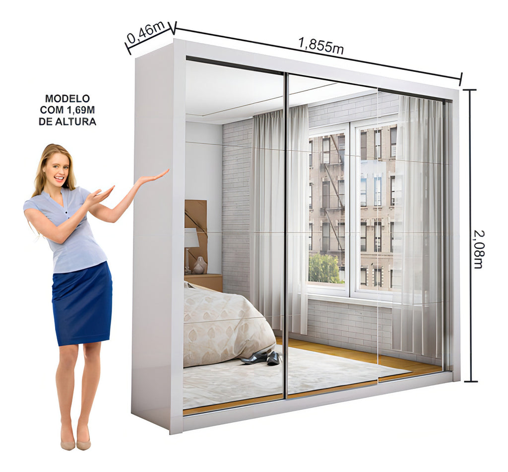 Guarda Roupas Casal Com Espelho 3 Portas De Correr Isabela Cor Branco