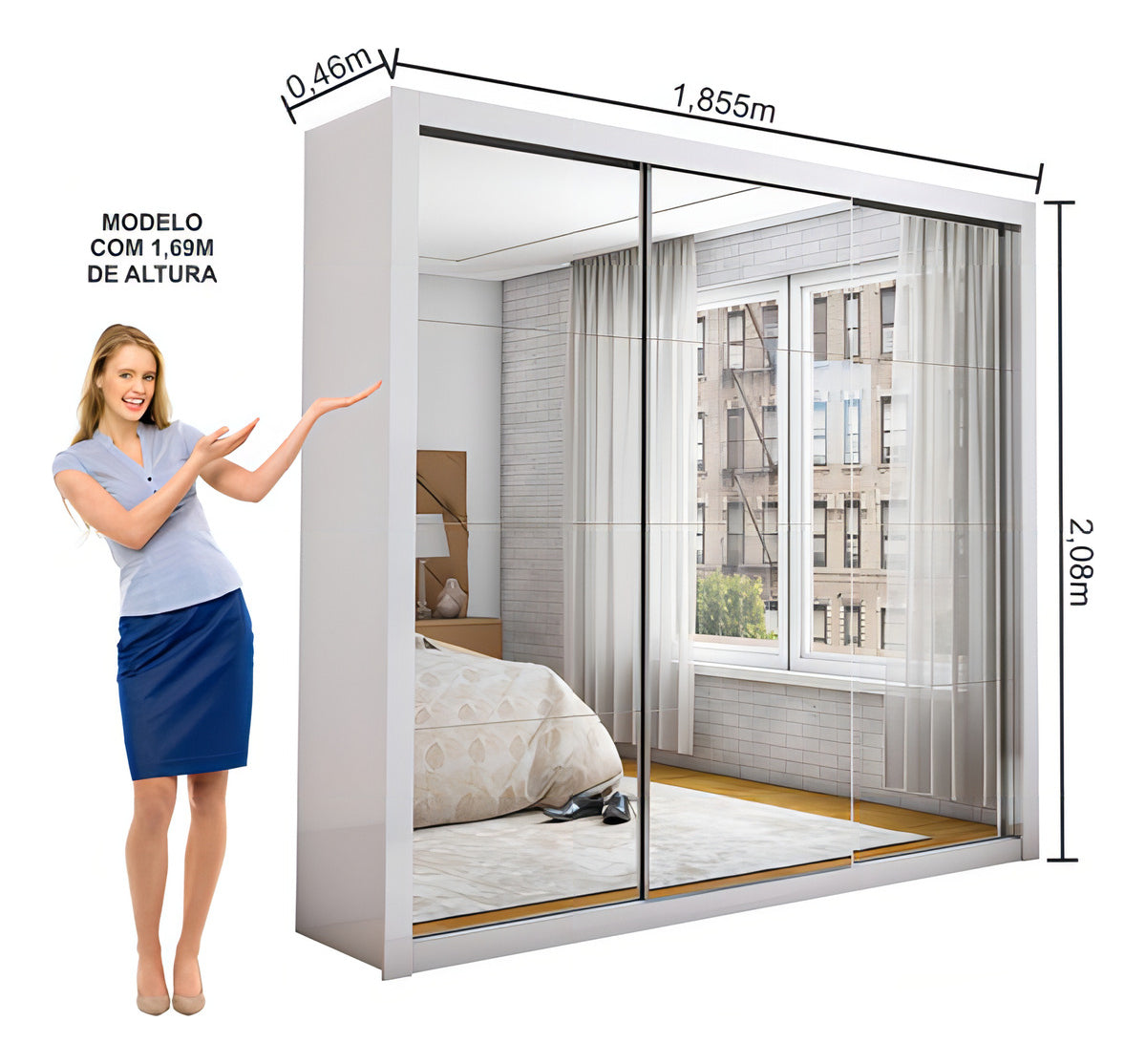 Guarda Roupas Casal Com Espelho 3 Portas De Correr Isabela Cor Branco