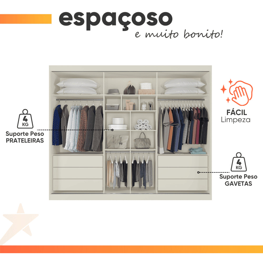 Guarda Roupas Casal 3 Portas Com Espelho 100% Mdf 6 Gavetas Off White/madeirado