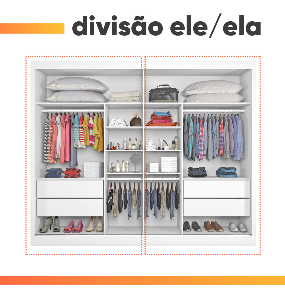 Guarda Roupas Casal 2 Portas Com Espelho 4 Gavetas Áustria Branco