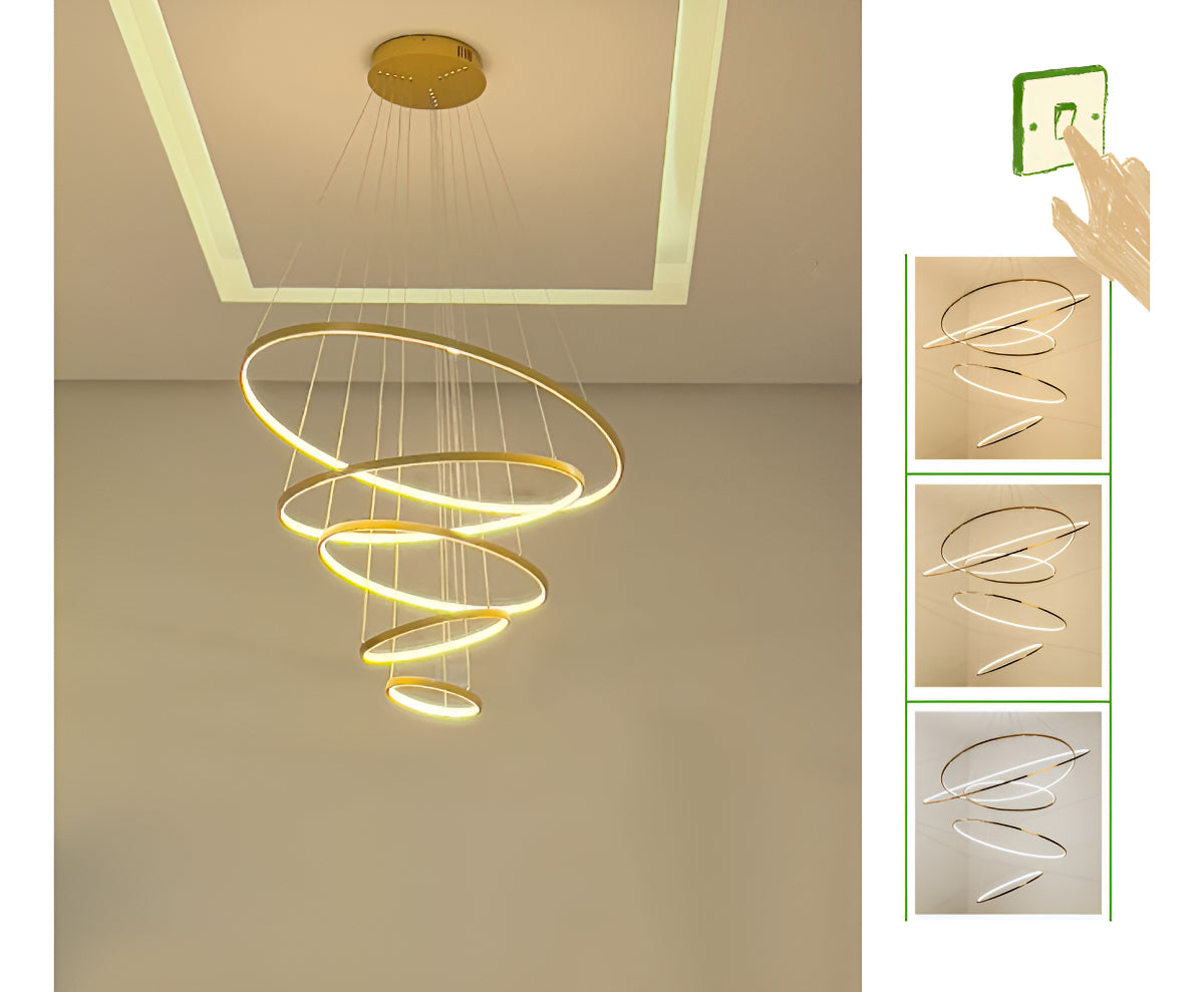 Lustre Pendente Moderno 5 Anéis Dourado Pe Direito Duplo Luz 3/1 - Green Age