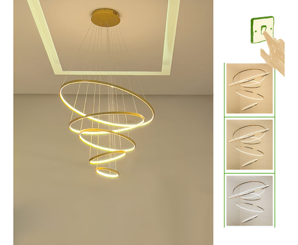 Lustre Pendente Moderno 5 Anéis Dourado Pe Direito Duplo Luz 3/1 - Green Age