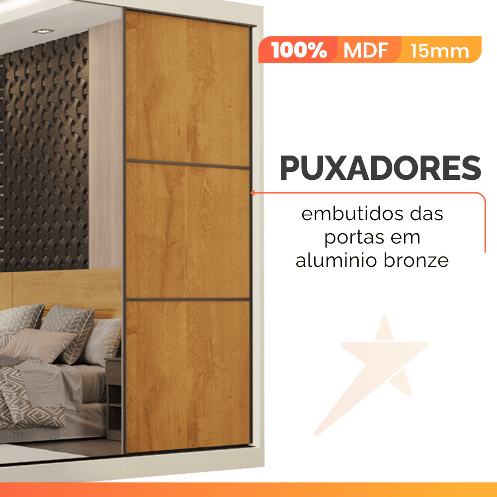 Guarda Roupas Casal 3 Portas Com Espelho 100% Mdf 6 Gavetas Off White/madeirado
