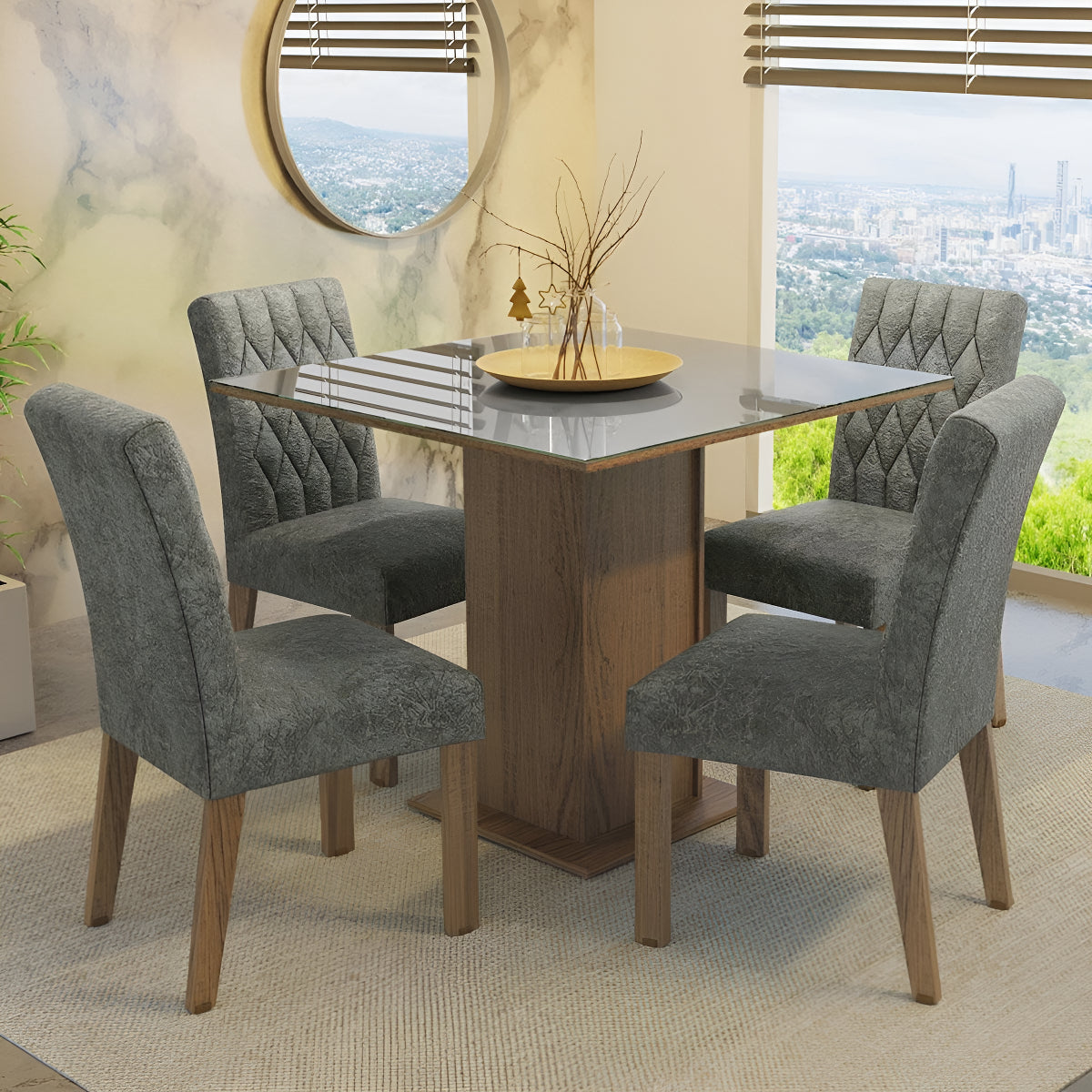 Sala Jantar Mesa Tampo Vidro 4 Cadeiras Anaju Rustica/Cinza
