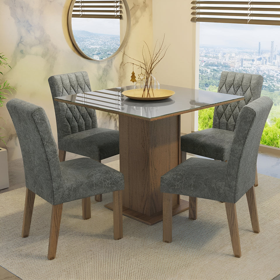 Sala Jantar Mesa Tampo Vidro 4 Cadeiras Anaju Rustica/Cinza