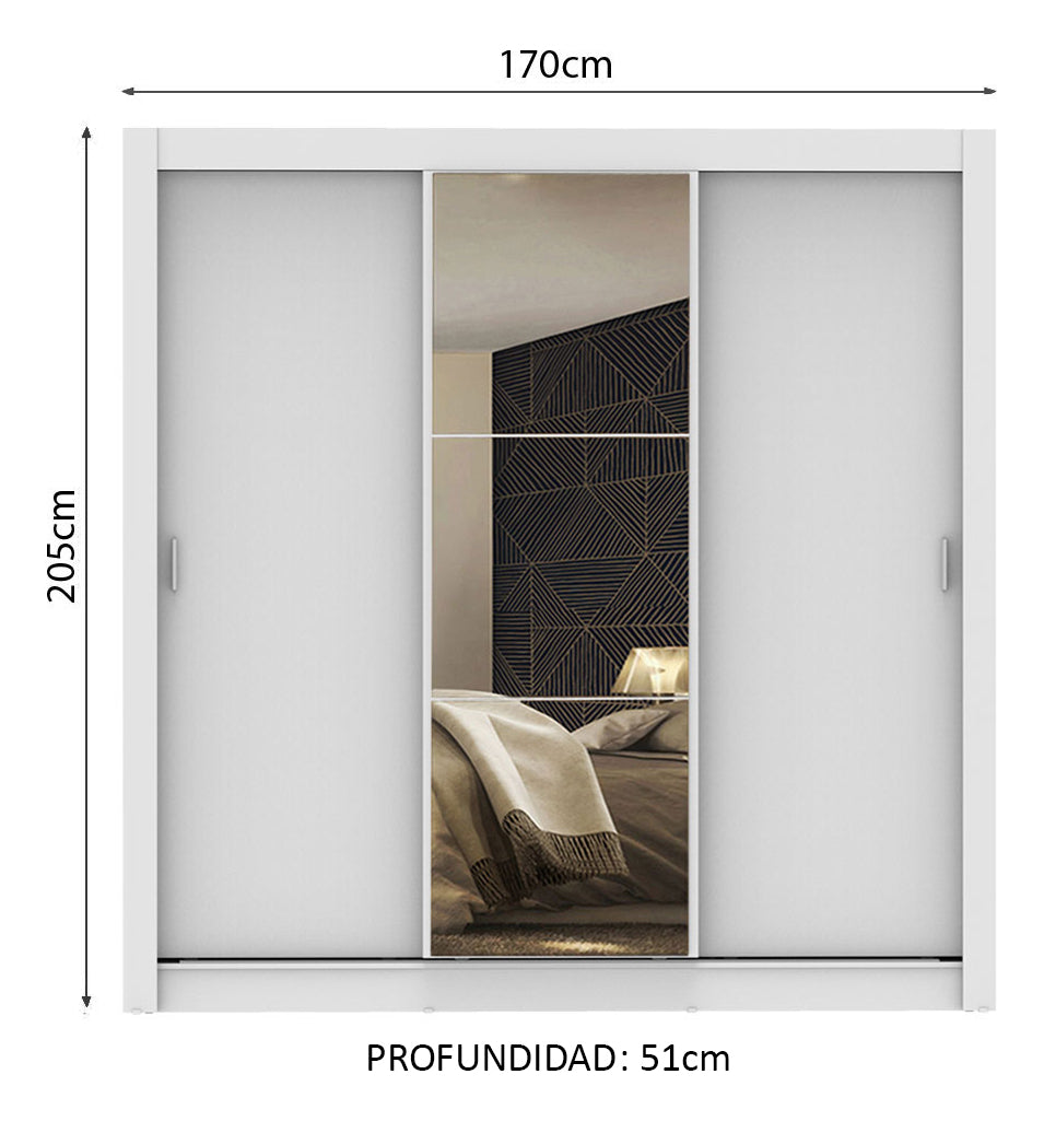 Guarda Roupa Casal Mônaco 3 Portas Correr Espelho Cor Branco