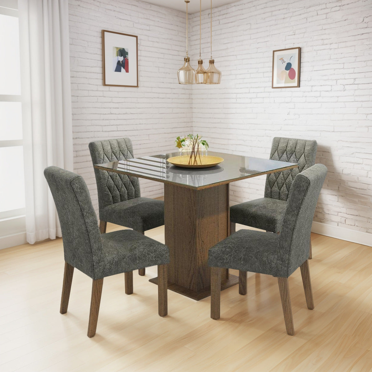 Sala Jantar Mesa Tampo Vidro 4 Cadeiras Anaju Rustica/Cinza