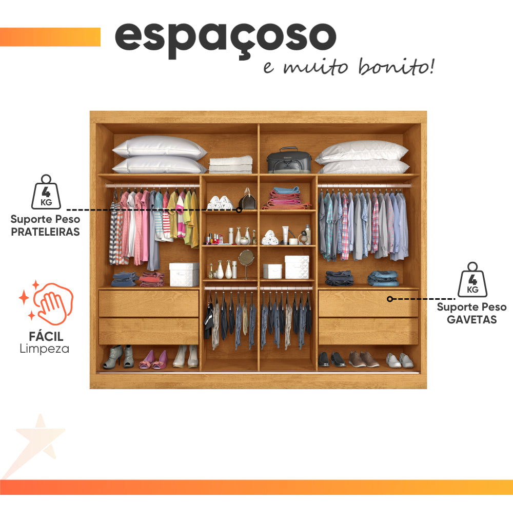 Guarda Roupas Casal 2 Portas Com Espelho 4 Gavetas Austria Madeirado Off White