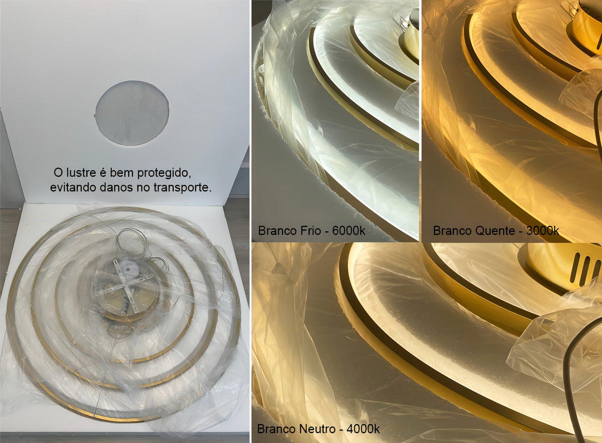 Lustre Pendente Moderno 5 Anéis Dourado Pe Direito Duplo Luz 3/1 - Green Age