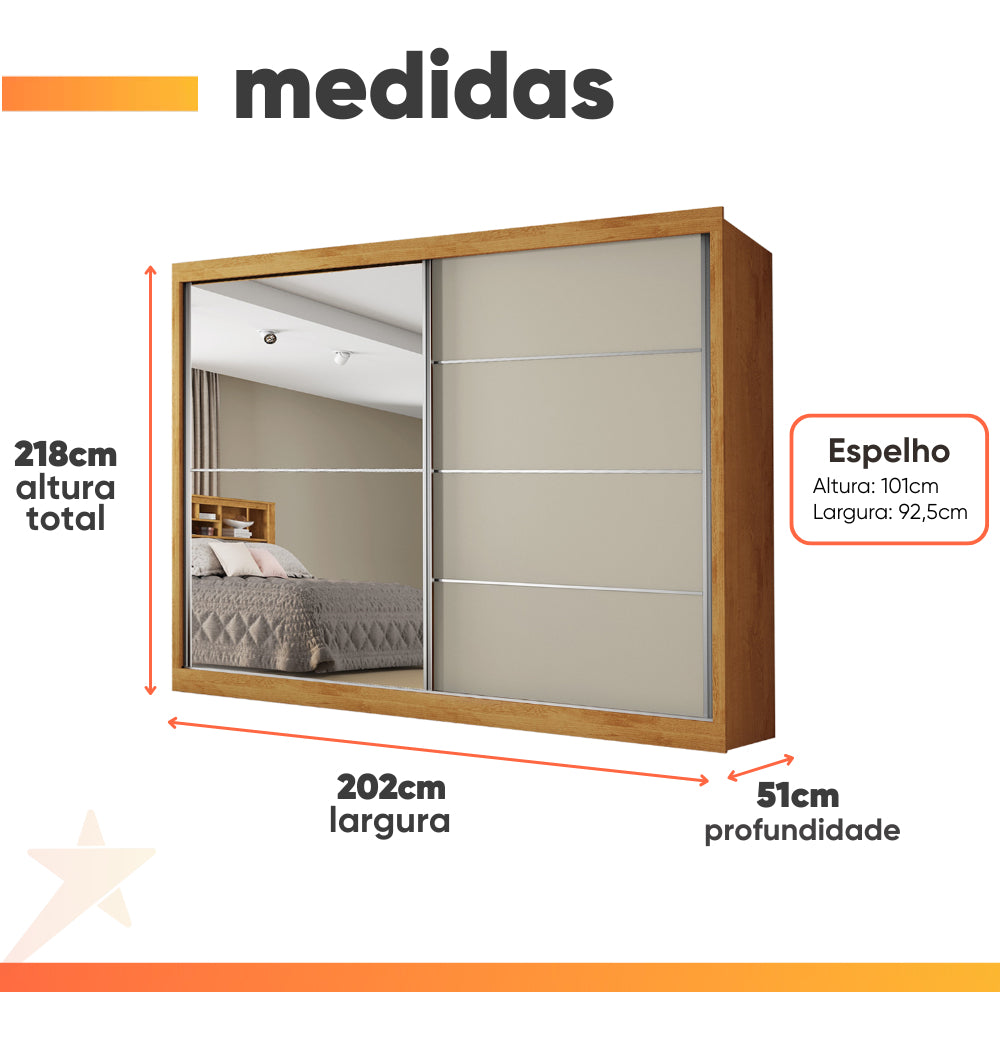 Guarda Roupas Casal 2 Portas Com Espelho 4 Gavetas Austria Madeirado Off White