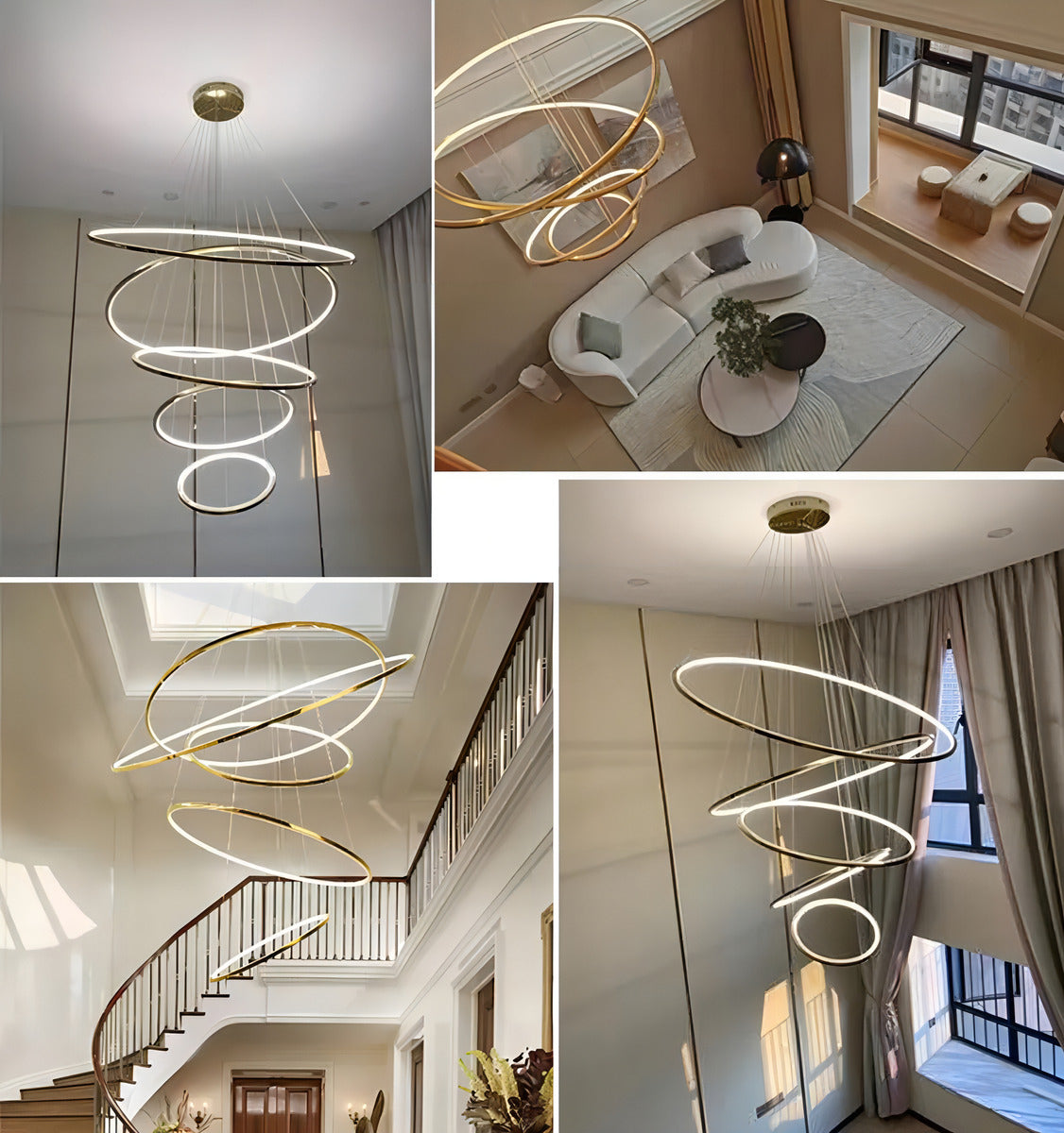 Lustre Pendente Moderno 5 Anéis Dourado Pe Direito Duplo Luz 3/1 - Green Age