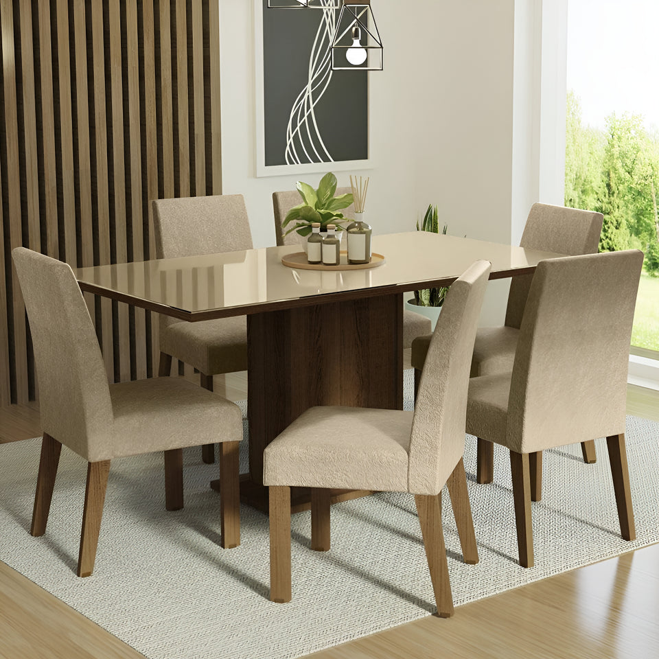 Sala Jantar Mesa Tampo Vidro 6 Cadeiras Alexis Cor Rustic/Crema/Imperial Desenho do tecido das cadeiras Liso