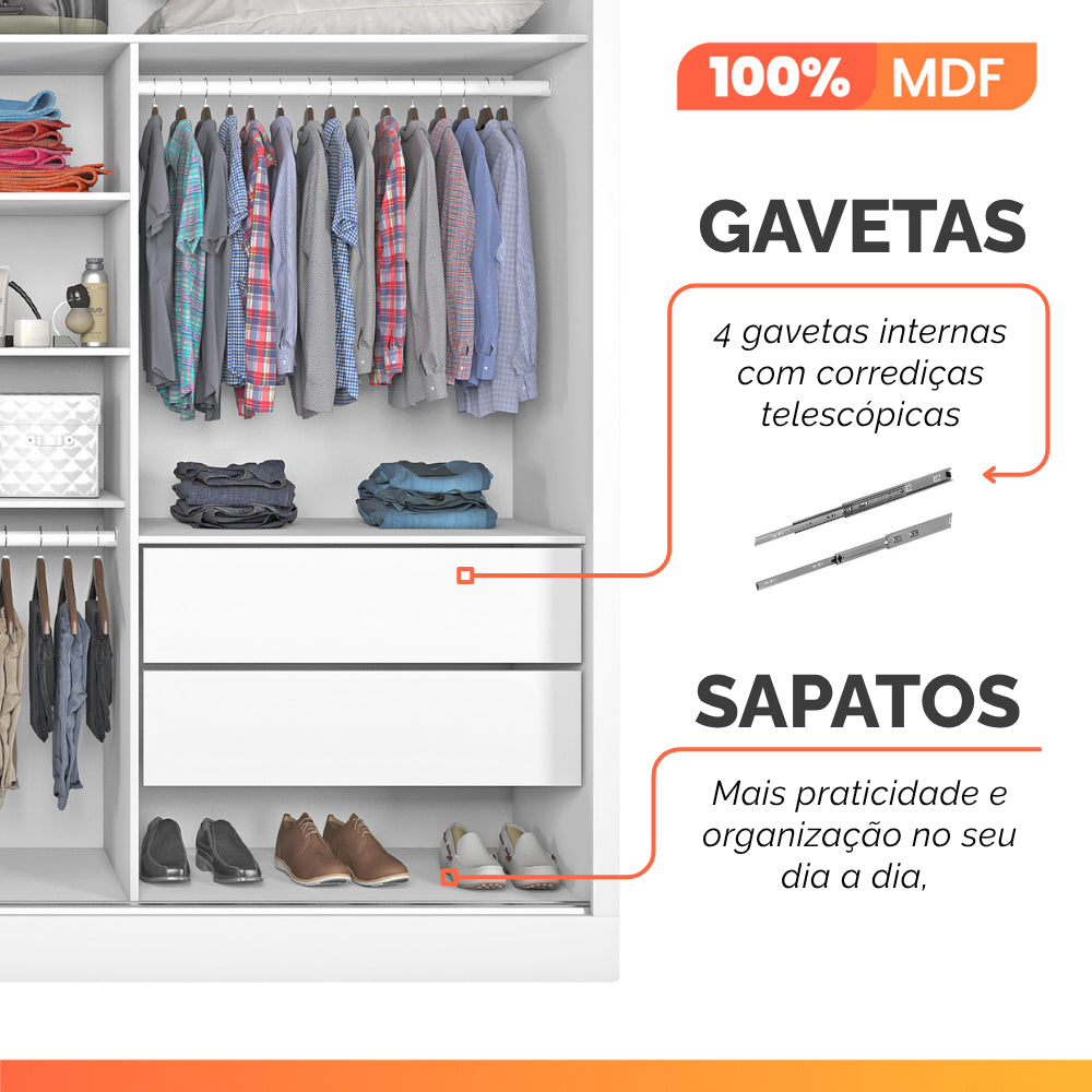 Guarda Roupas Casal 2 Portas Com Espelho 4 Gavetas Áustria Branco