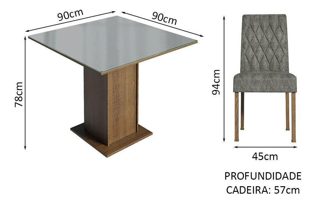 Sala Jantar Mesa Tampo Vidro 4 Cadeiras Anaju Rustica/Cinza