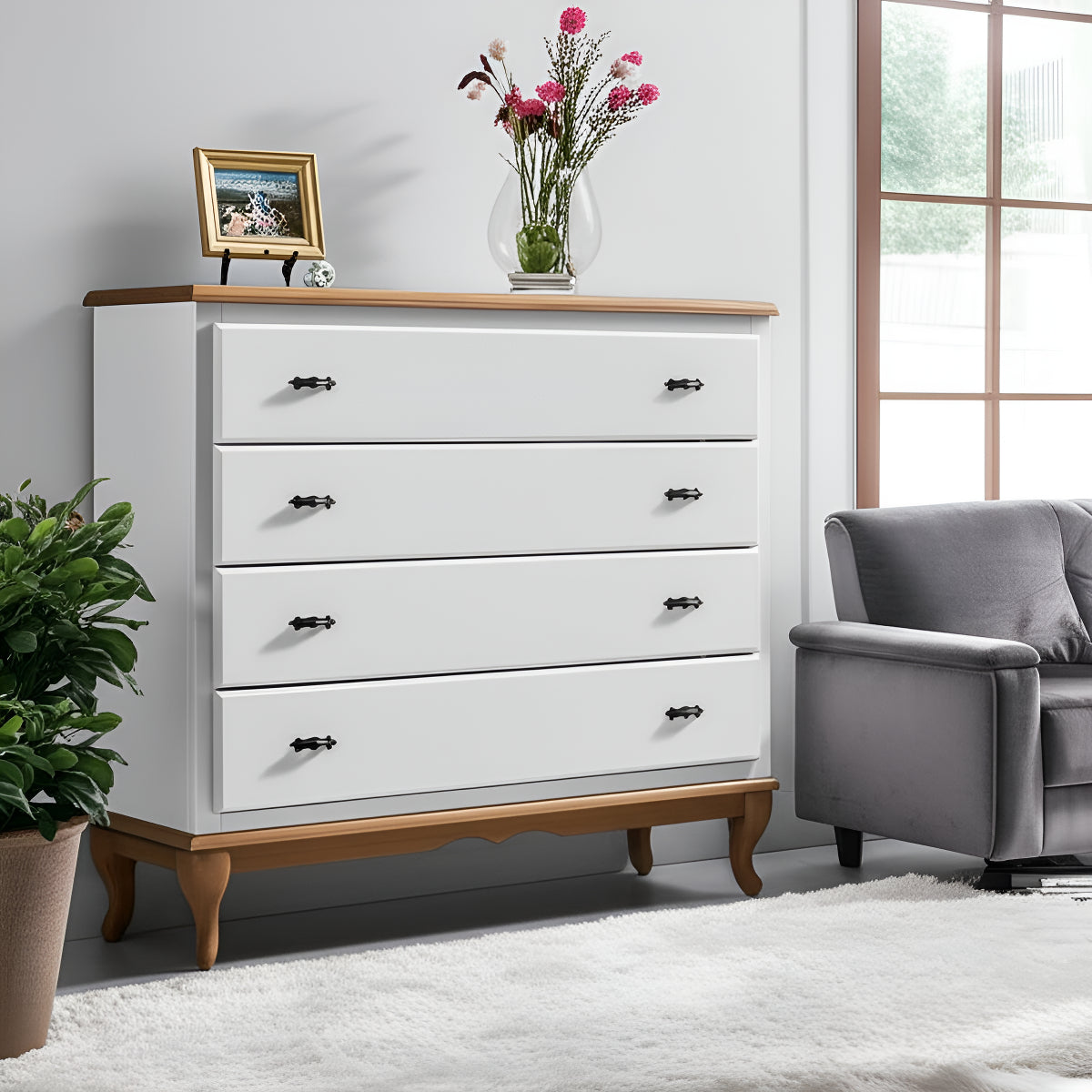 Cômoda 4 Gavetas Clássica Pés Luiz Xv Corrediça Telescópica Cor Branco-imbuia