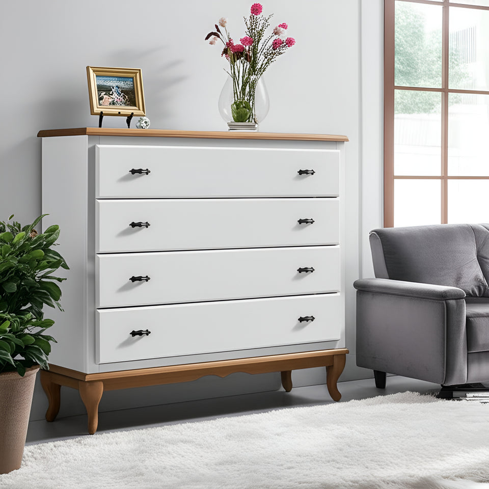 Cômoda 4 Gavetas Clássica Pés Luiz Xv Corrediça Telescópica Cor Branco-imbuia