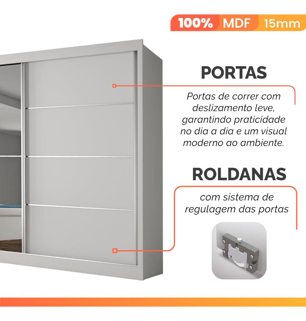 Guarda Roupas Casal 2 Portas Com Espelho 4 Gavetas Áustria Branco