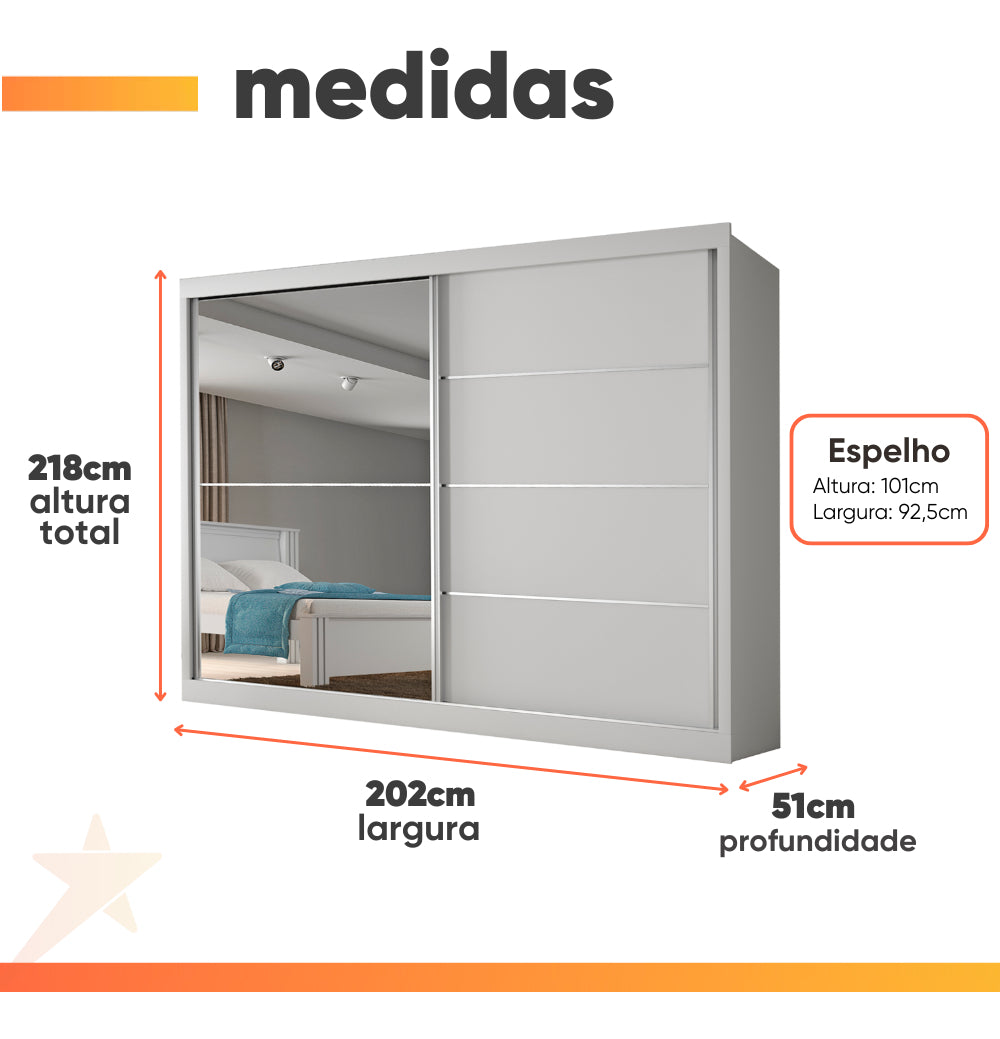 Guarda Roupas Casal 2 Portas Com Espelho 4 Gavetas Áustria Branco