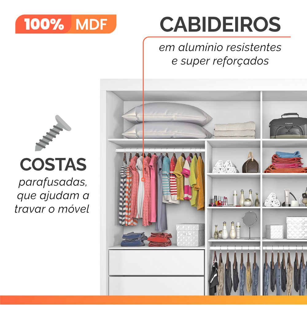 Guarda Roupas Casal 2 Portas Com Espelho 4 Gavetas Áustria Branco