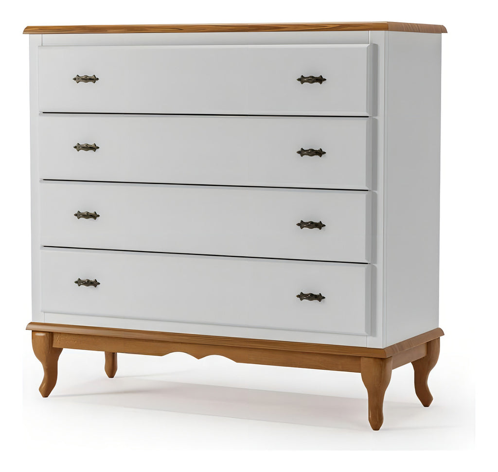 Cômoda 4 Gavetas Clássica Pés Luiz Xv Corrediça Telescópica Cor Branco-imbuia