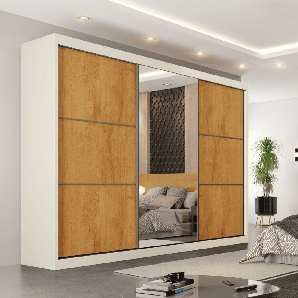 Guarda Roupas Casal 3 Portas Com Espelho 100% Mdf 6 Gavetas Off White/madeirado