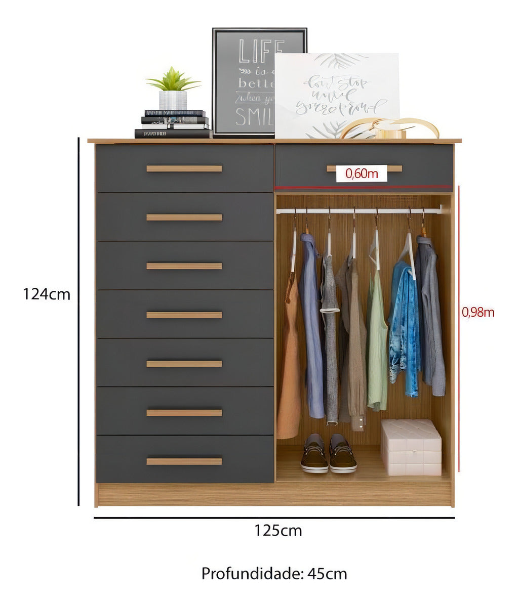 Cômoda New Verona Com 8 Gavetas E 2 Portas - Natural/titaniu Cor Natural