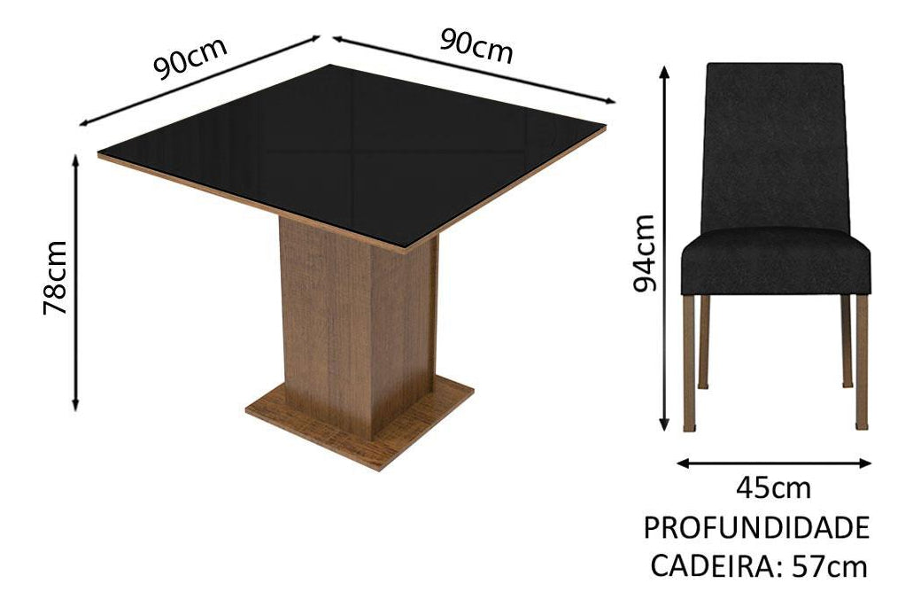 Sala Jantar Madesa Evelin Mesa Tampo Vidro Com 4 Cadeiras Cor Rustic/Preto/Oxford