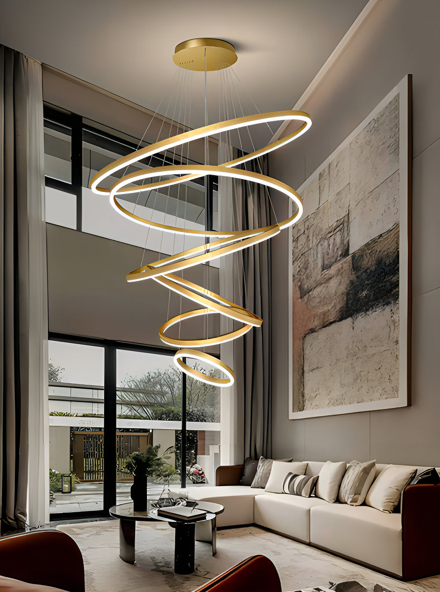 Lustre Pendente Anéis Sofisticado 6 Aros Led 3500k 160w Cor Dourado