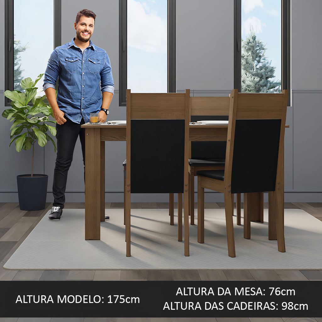 Sala De Jantar Mesa Tampo Madeira 4 Cadeiras Ellen Cor Rustic/preto/sintético