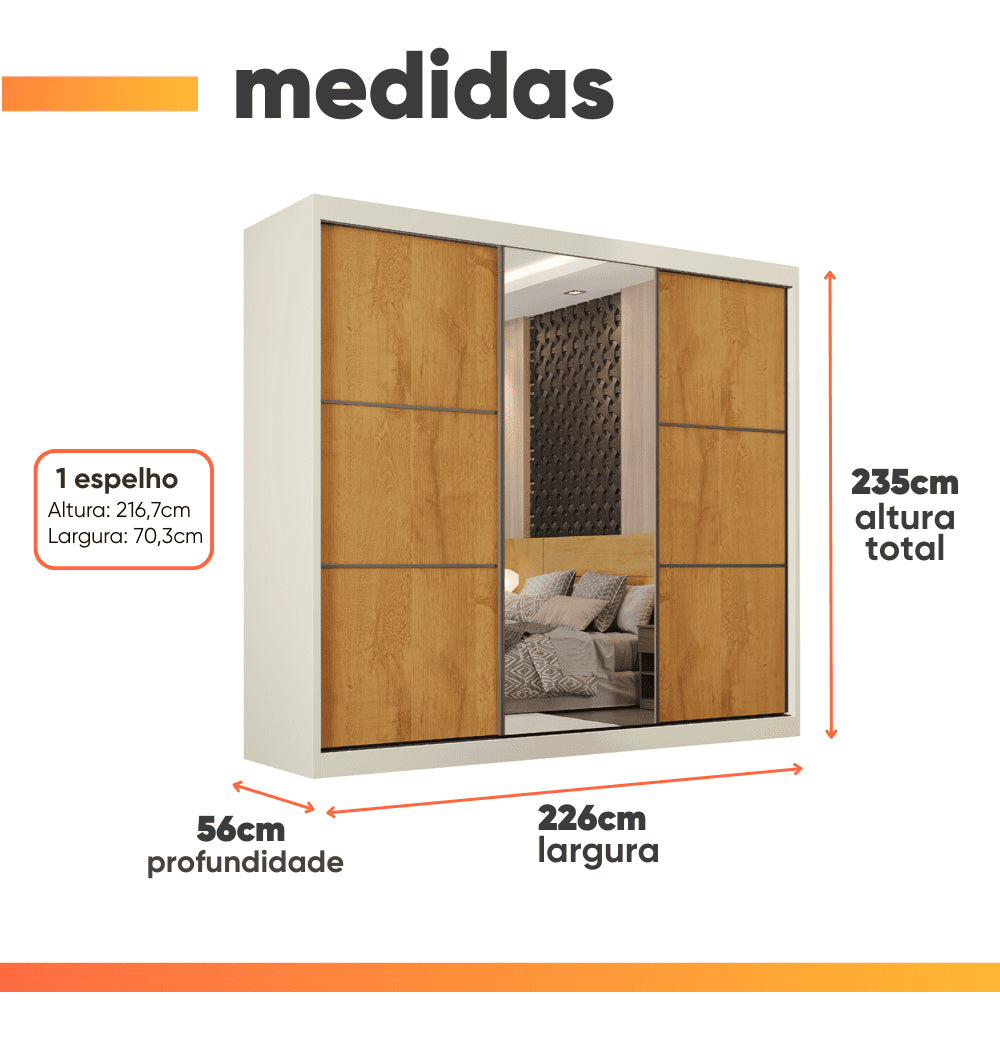 Guarda Roupas Casal 3 Portas Com Espelho 100% Mdf 6 Gavetas Off White/madeirado