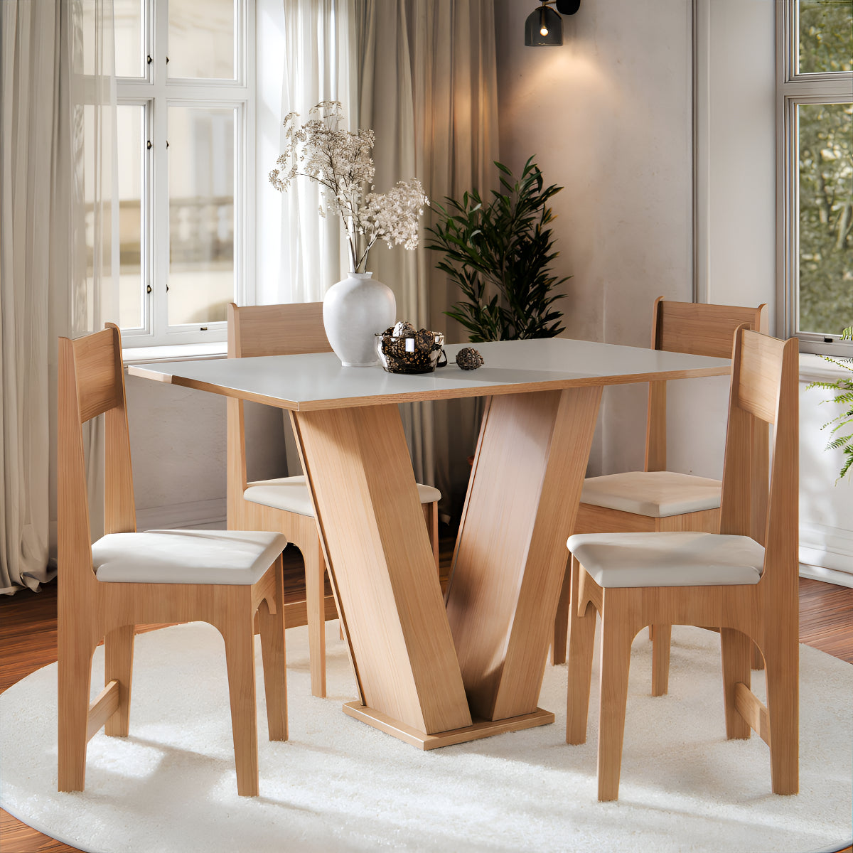 Conjunto Mesa de Jantar 4 Cadeiras Vivi Mesa Retangular 110x75 4 Lugares Mel Off White MDF/MDP